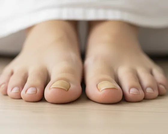 Toes with dull, yellowish big toenails